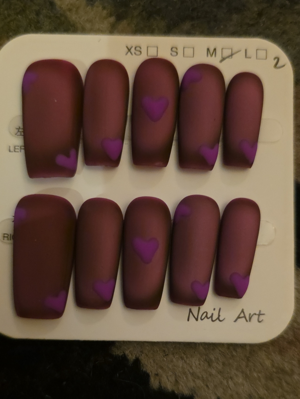 Matte Plum Press-On Nails with Purple Hearts Set Of 10 Size Med